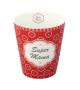 Krasilnikoff Happy Mug Becher Super Mama rot mit weißem Kreis Punkte Design aus Porzellan ohne Henkel