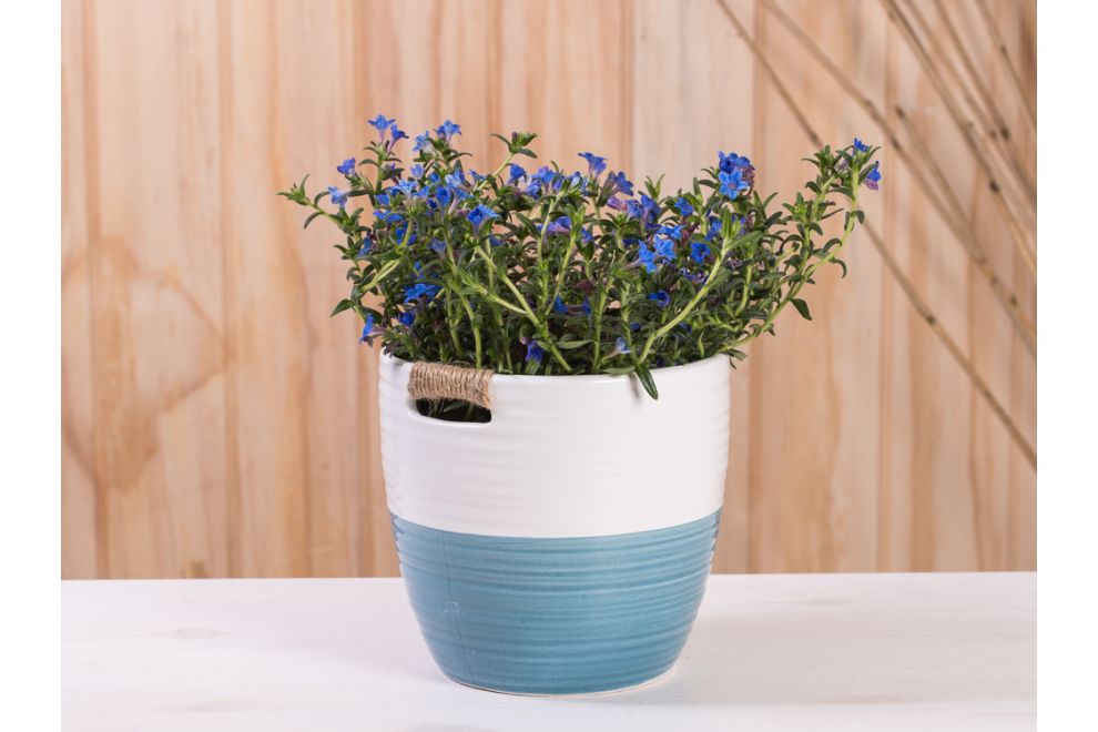 Übertopf Ella blau/weiß 15 cm - Blumentopf aus Keramik, Skandinavische Deko