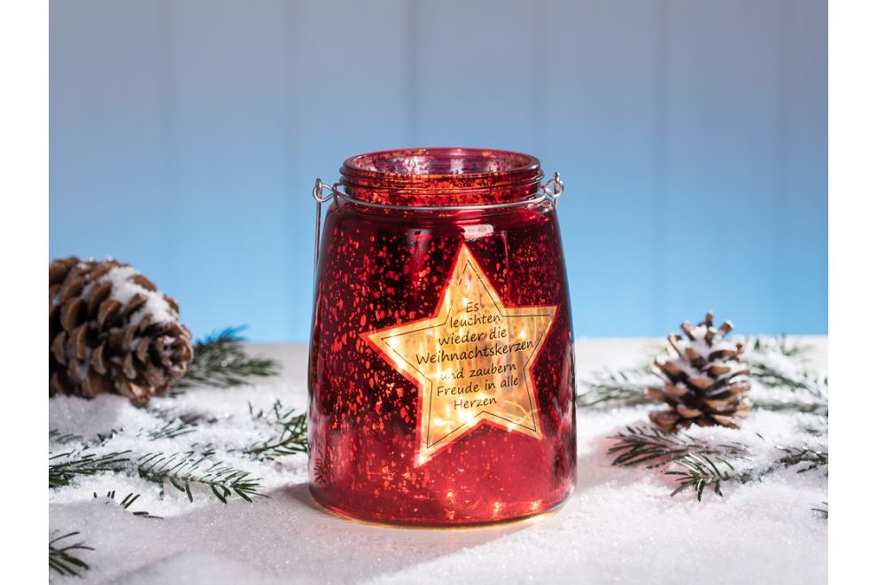 Windlicht Stern rot glänzend Glas Henkel Weihnachten Metall aus für mit