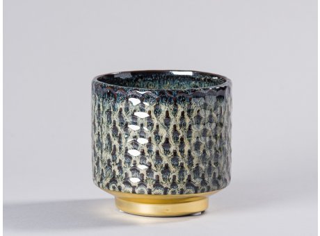 Bloomingville Blumentopf Blau mit Gold Sockel Design Keramik Übertopf Durchmesser 10 cm modern rustikal