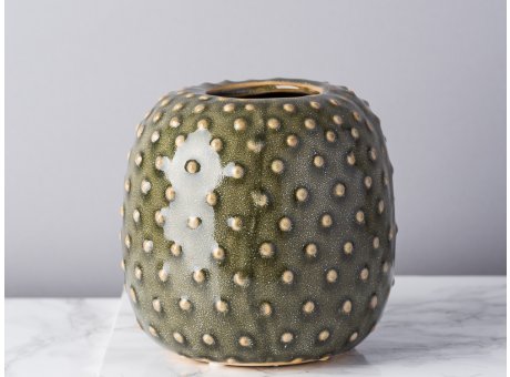 Bloomingville Vase grün Keramik rund bauchig Blumenvase mit Kaktus Punkte Struktur rustikal modern