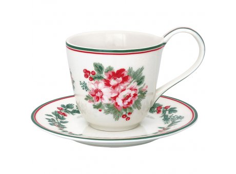 Greengate Tasse mit Untertasse CHARLINE Weiss mit Blumen Porzellan 400 ml Teetasse mit Henkel Greengate Design Nr STWCUPCHN0106