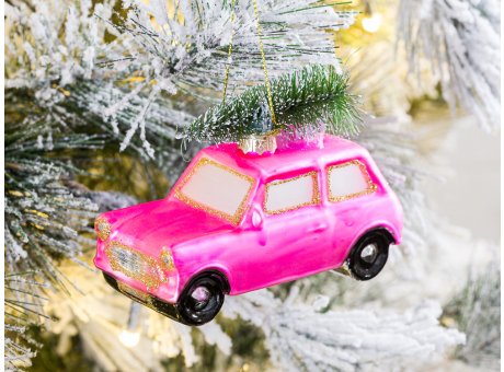 Hänger Auto mit Baum auf Dach rosa pink mattiert aus Glas Weihnachstdeko zum hängen Baumschmuck Weihnachten