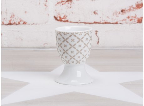 Krasilnikoff Happy Eierbecher mit Fuß weiß Blumen Art Muster taupe Porzellan Geschirr New Diagonal Design sand