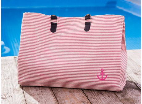 Pad Tasche Anker Rosa Pink Weiss gestreift aus Baumwolle Shopper für den Strand Besuch oder am Pool 22x40x52cm