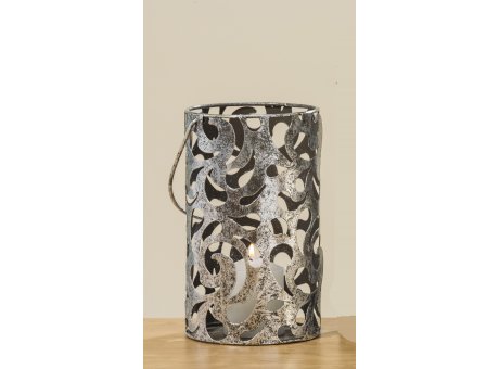 Windlicht Cahaja Antik silber aus Metall 22 cm groß mit Henkel fuer eine Kerze oder Teelicht