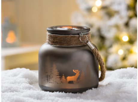 Windlicht Winterwald klein mit Kordel aus schwerem Glas grau mit Hirsch Motiv 12 cm hoch Weihnachtsdeko