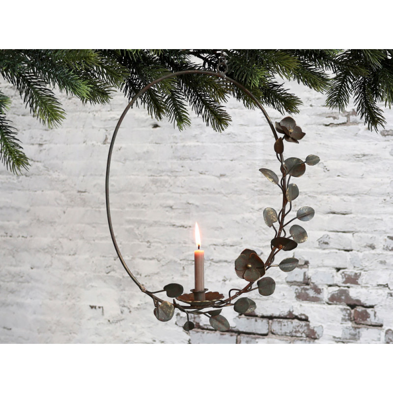 Chic Antique Kranz mit Blätter 27 cm Kerzenhalter für 1 Kerze Winter Deko an Tannenzweig