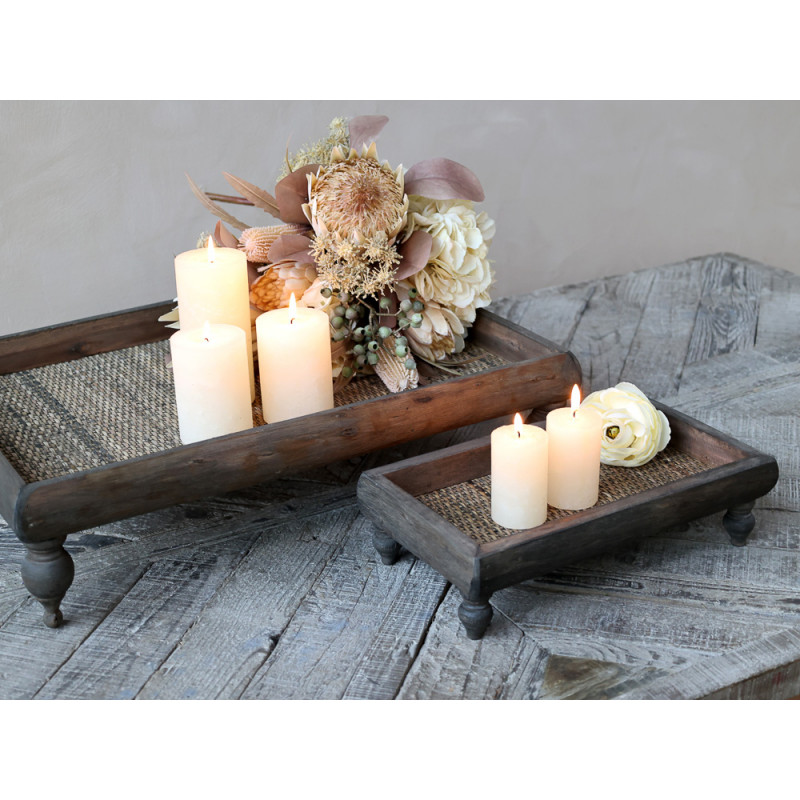 Chic Antique Tablett auf Füße Holz mit Rattan 40x58 cm Deko Tablett mit Kerzen Dekoration