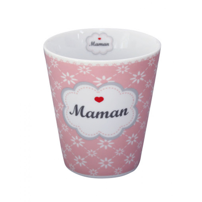 Happy Mug Becher Maman rosa mit weißen Blumen diagonal Krasilnikoff