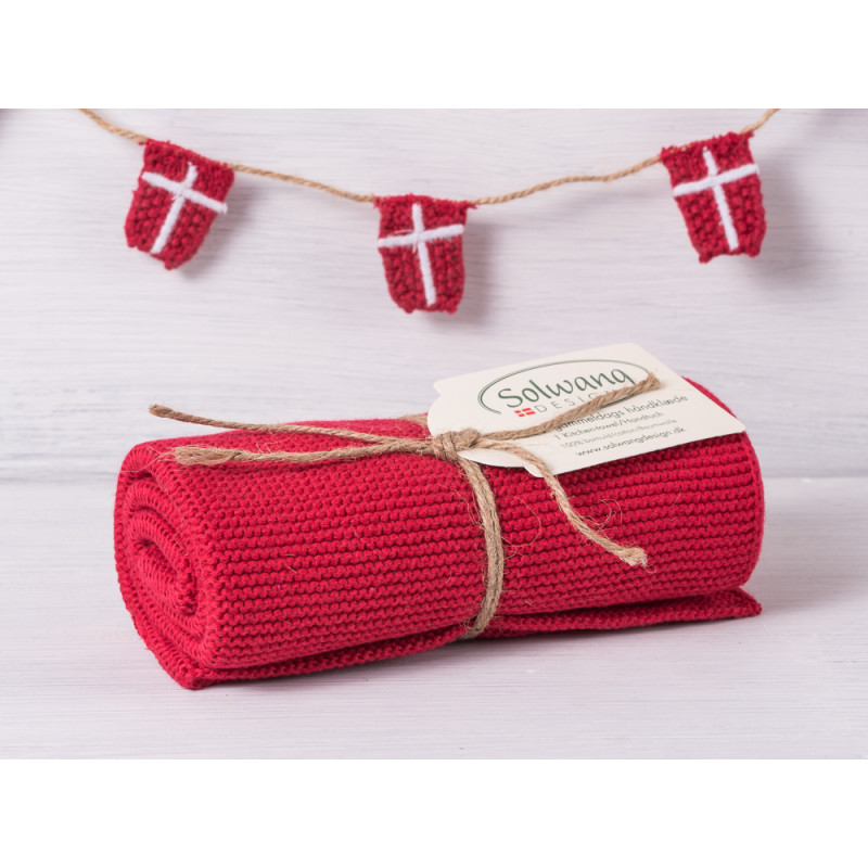 Solwang Dänemark Küchentuch warm dunkelrot gestrickt Handtuch aus Baumwolle Rot aufgerollt gebunden als Geschenk H 77