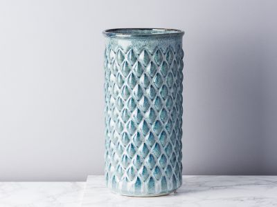 Bloomingville Vase Blau Keramik schlank Zylinder 30 cm hoch Blumenvase mit Karo Design erhaben