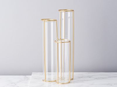 Bloomingville Vase Glas Röhren mit Ständer Gold 3er Set Zylinder 25 cm hoch schlicht modern