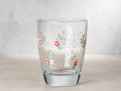 Greengate Glas EJA mit kleinen Blumen und rosa Punkten Wasserglas Klarglas 300 ml 9,5 cm hoch