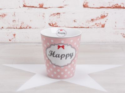 Krasilnikoff Happy Cup Becher Happy Day. Porzellan Becher mit  hellgrau/weißen Streifen. Schöner Spruch mit rotem Herz. Porzellan Tasse  mit Henkel.