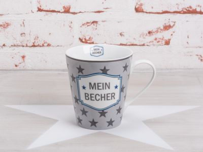 Krasilnikoff Happy Mug Henkel Becher Mein Becher grau mit Sternen dunkelgrau und Stern blau Porzellan Geschirr Serie mit Spruch