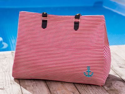 Pad Tasche Anker Rot Weiss Streifen aus Baumwolle Shopper für den Strand Besuch oder am Pool 22x40x52cm